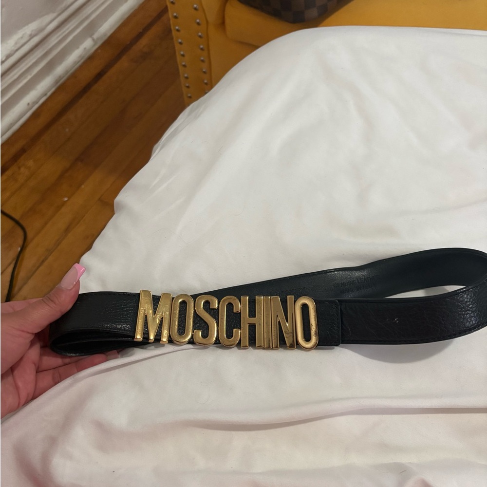 Moschino Black Belt with Gold Lettering